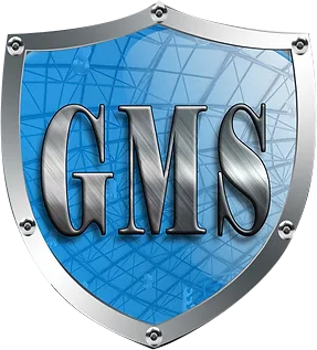 GMS logo displayed as a blue and silver metallic shield icon
