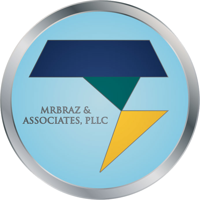 MRBRAZ & Associates, PLLC logo with navy, teal, and gold geometric design on light blue circle